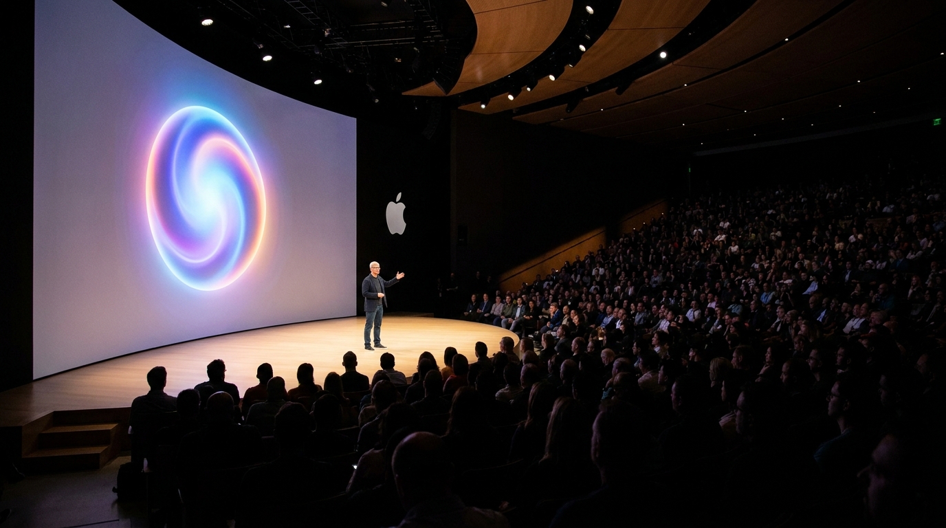 Escenario de la keynote de la WWDC de Apple con una pantalla gigante y el orbe de Siri.