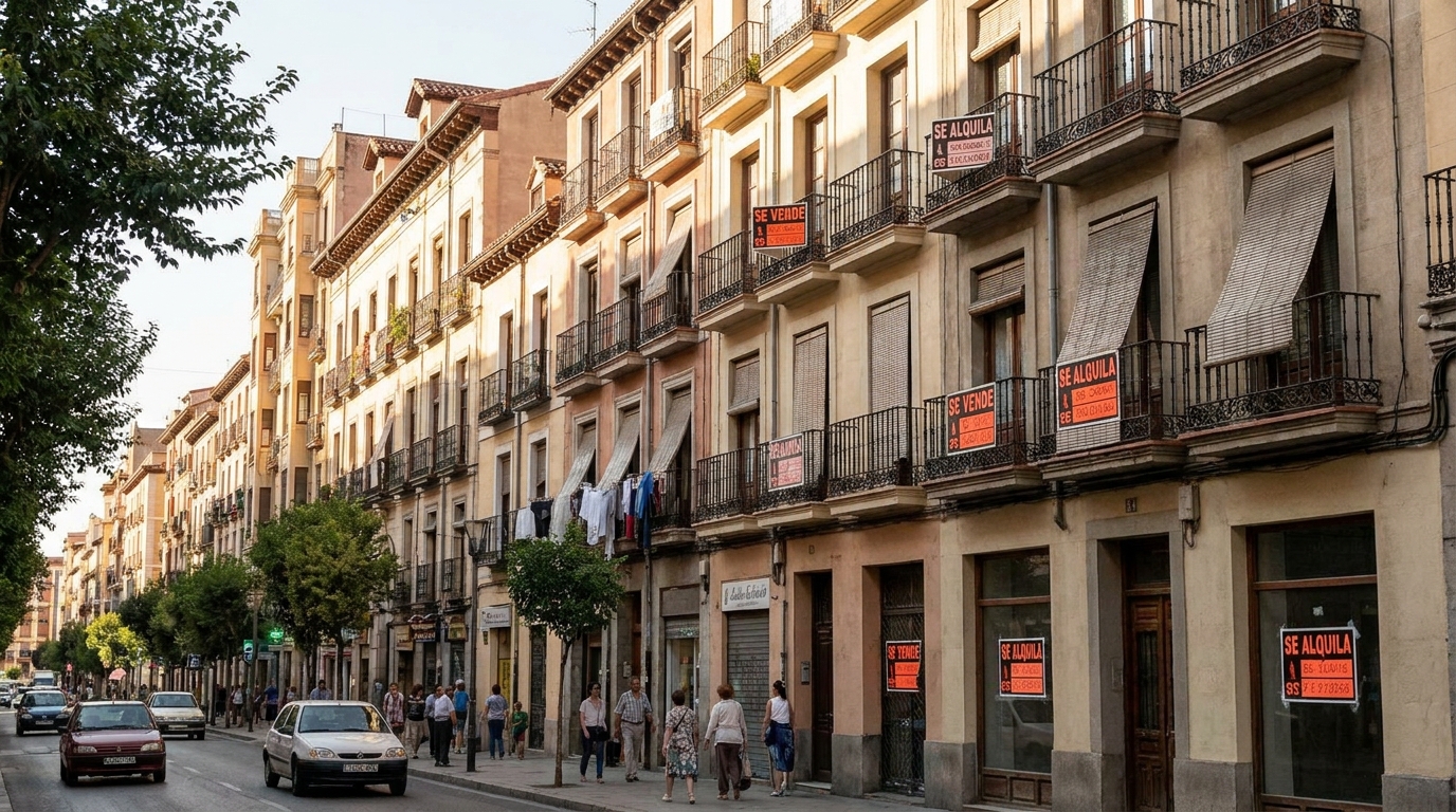 Carteles de venta y alquiler en edificios de viviendas de una ciudad española.