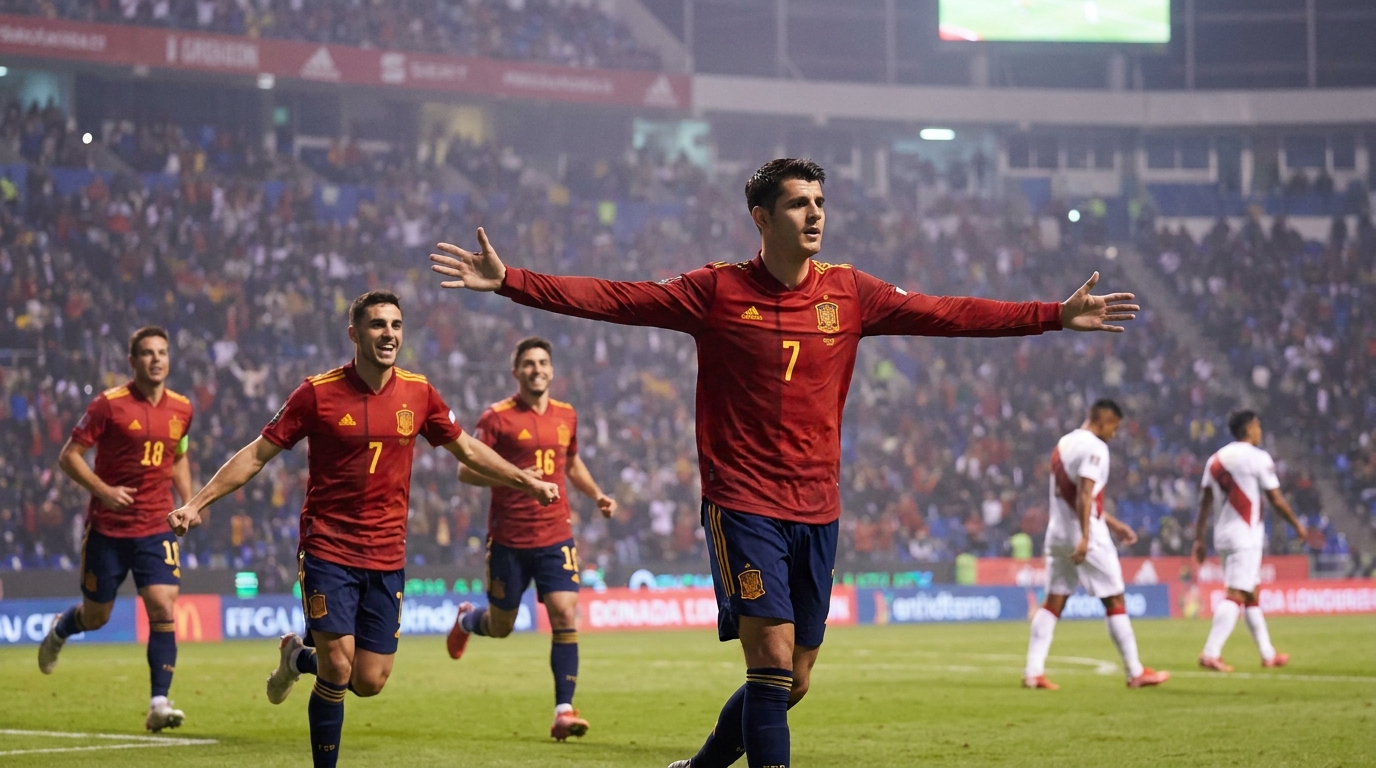 Un jugador de la selección española celebra un gol ante Perú en Puebla.