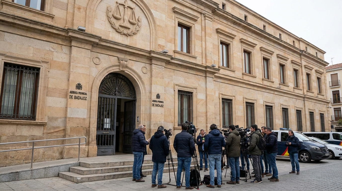 Fachada de la Audiencia Provincial de Badajoz con periodistas a las puertas.