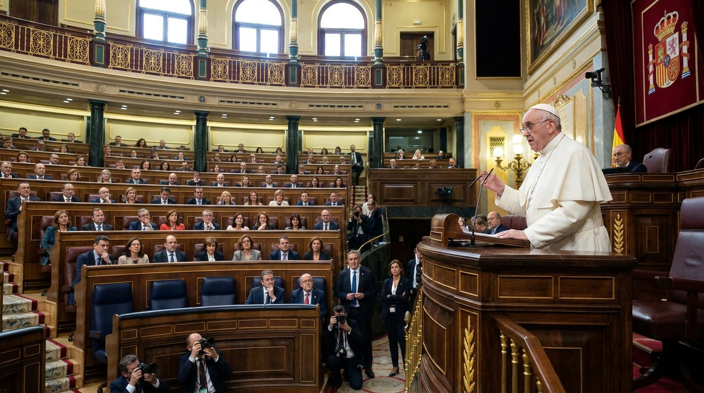 El papa León XIV pronuncia su discurso desde la tribuna del Congreso de los Diputados.