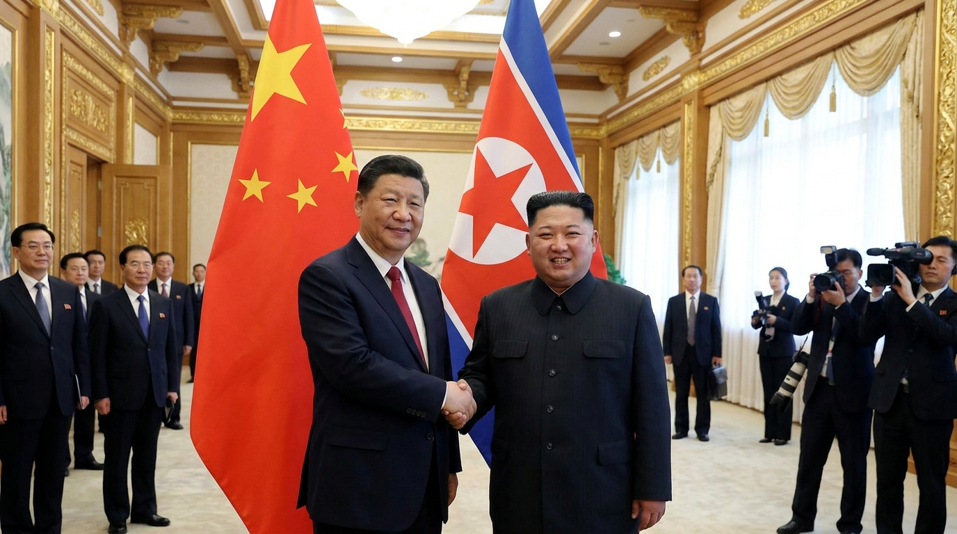 Xi Jinping y Kim Jong-un se dan la mano ante las banderas de China y Corea del Norte.