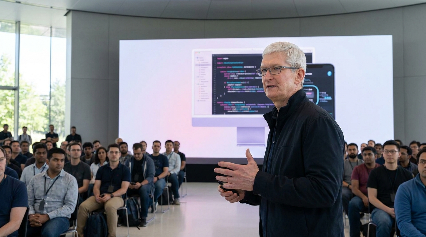 Tim Cook, consejero delegado de Apple, en el escenario de la WWDC en Apple Park.