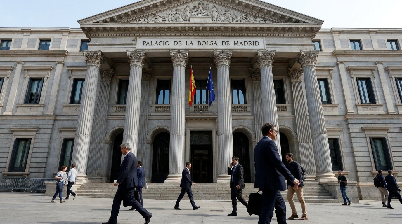 Fachada del Palacio de la Bolsa de Madrid, sede del mercado de valores español.
