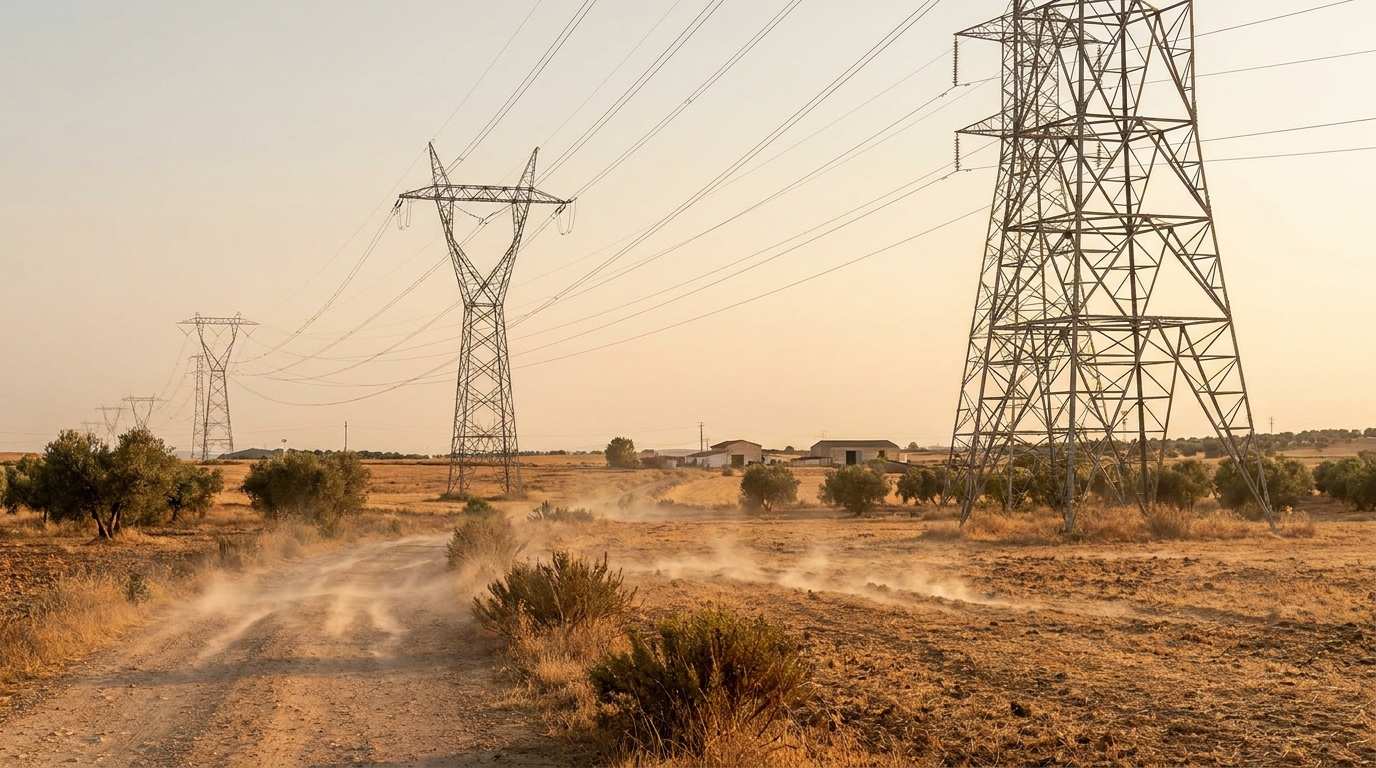 Líneas de alta tensión y torres eléctricas bajo un cielo despejado y caluroso de verano.