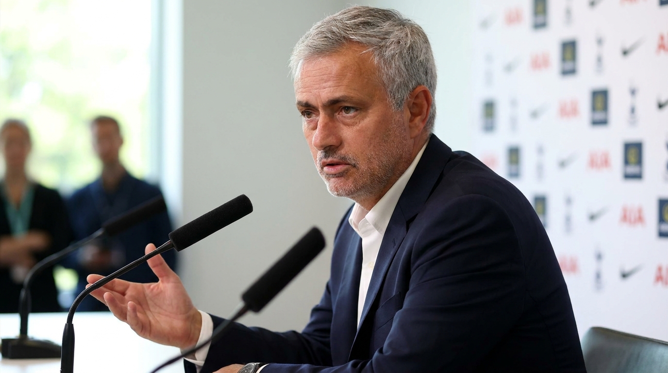 José Mourinho, con traje, gesticula durante una comparecencia.