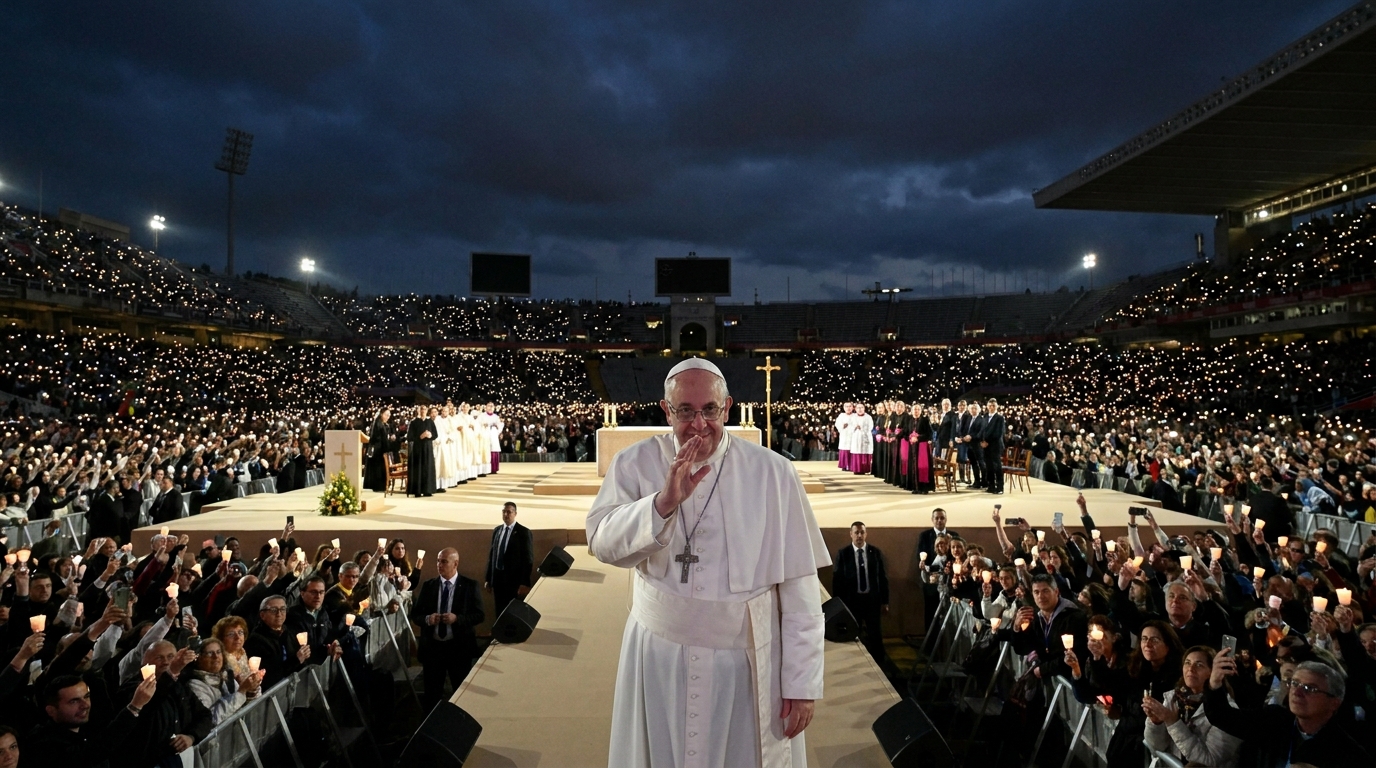 El papa León XIV preside una vigilia de oración en el Estadi Olímpic Lluís Companys de Barcelona.
