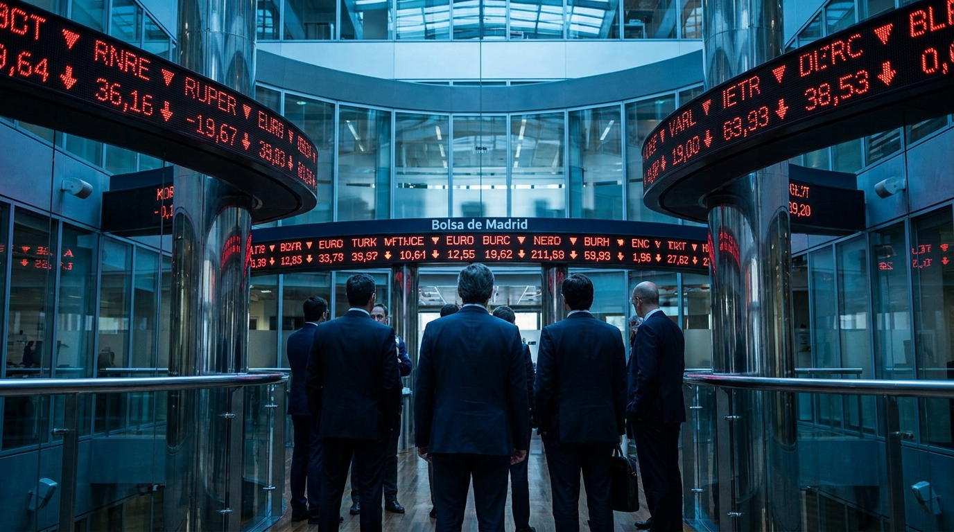 Pantallas con la cotización del Ibex 35 en la Bolsa de Madrid en una sesión a la baja