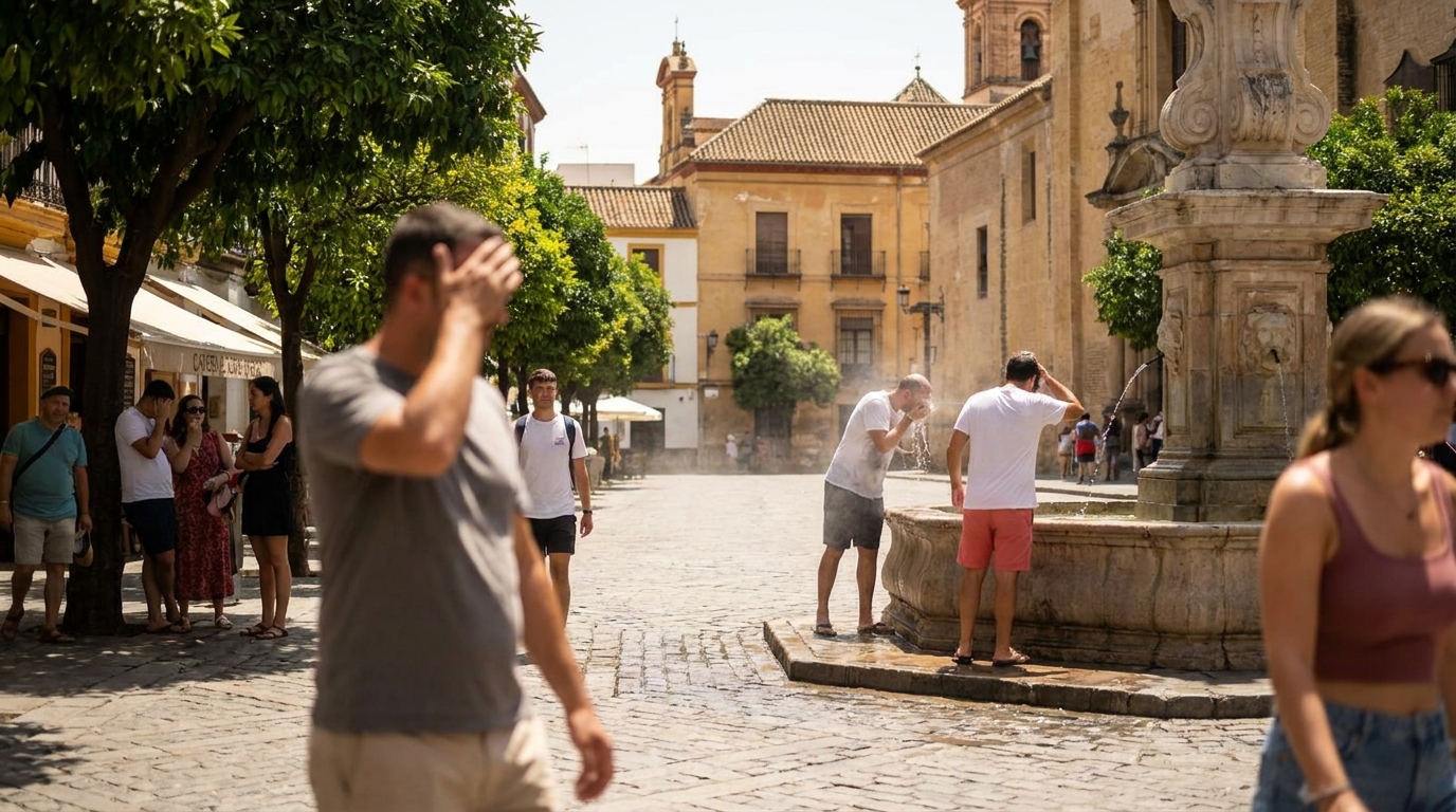 Personas se refrescan en una fuente de una plaza del sur de España durante la ola de calor