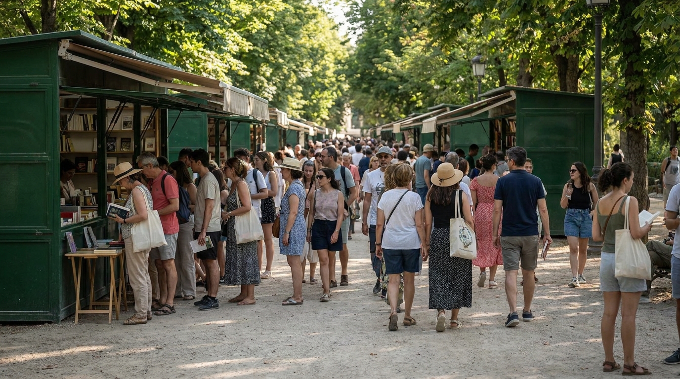 Visitantes pasean entre las casetas de la Feria del Libro de Madrid en el Parque de El Retiro