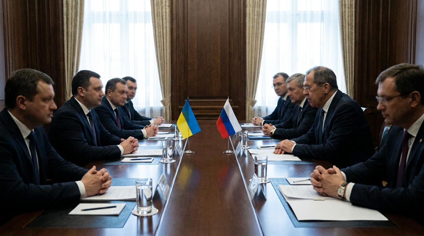 Delegaciones de Rusia y Ucrania sentadas frente a frente en una mesa de negociación con banderas nacionales