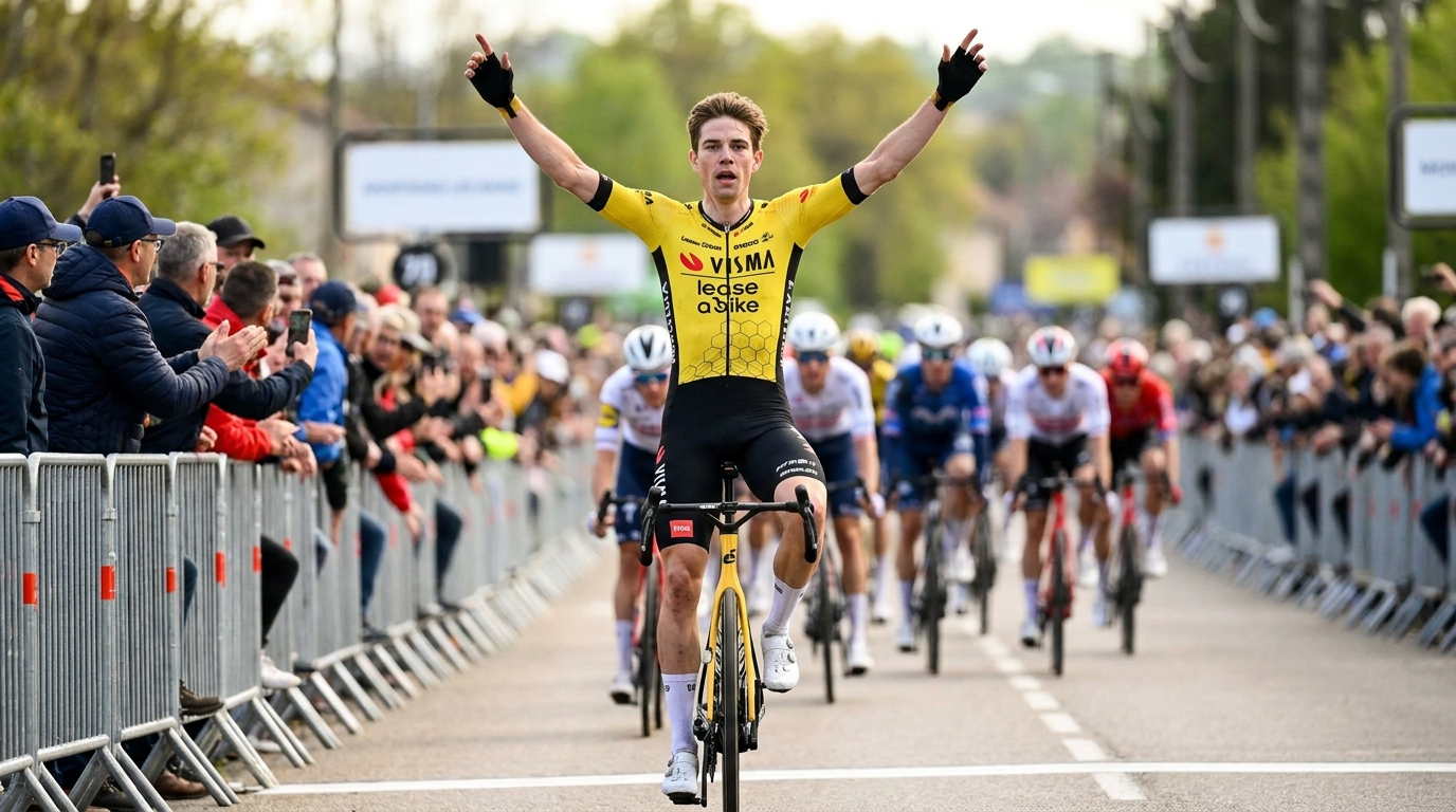 Wout van Aert celebra una victoria de etapa al esprint con los brazos en alto