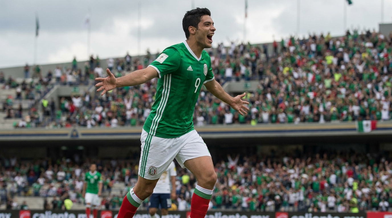 Raúl Jiménez celebra un gol con la camiseta de México