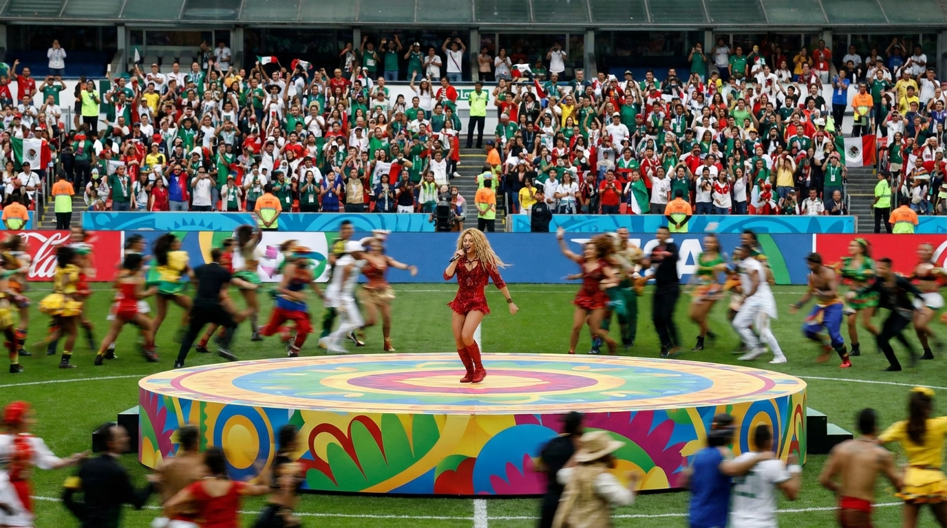 Shakira actuando sobre un escenario iluminado