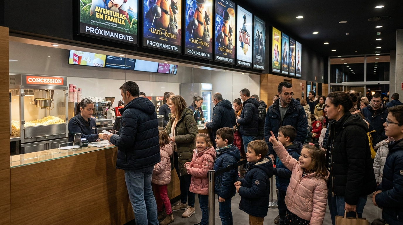 Familias hacen cola en la entrada de un multicine en España durante un estreno.