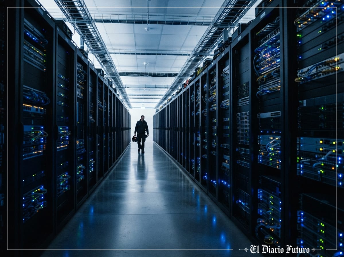Pasillo de un centro de datos moderno con filas de servidores iluminados en azul