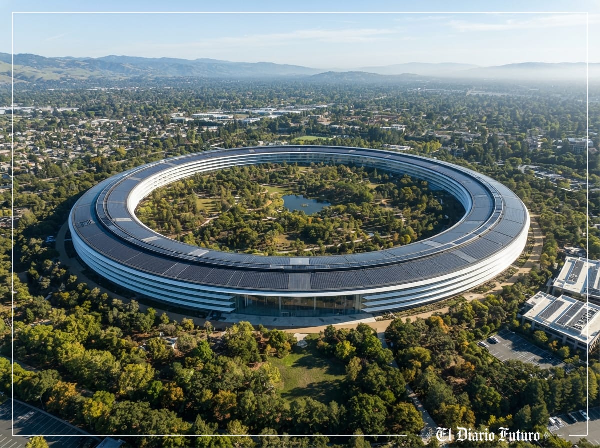 Edificio circular de una gran sede tecnológica visto desde el aire entre vegetación.