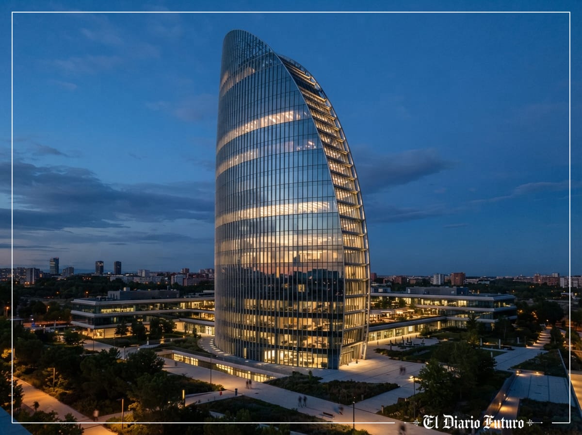 Torre curva de cristal de una gran sede bancaria iluminada al atardecer.