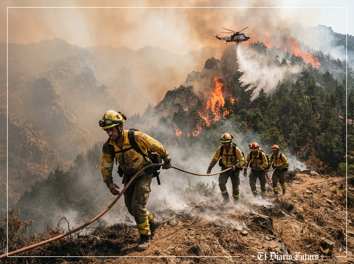 Bomberos y un helicóptero combaten un gran incendio forestal en una ladera de montaña cubierta de humo.