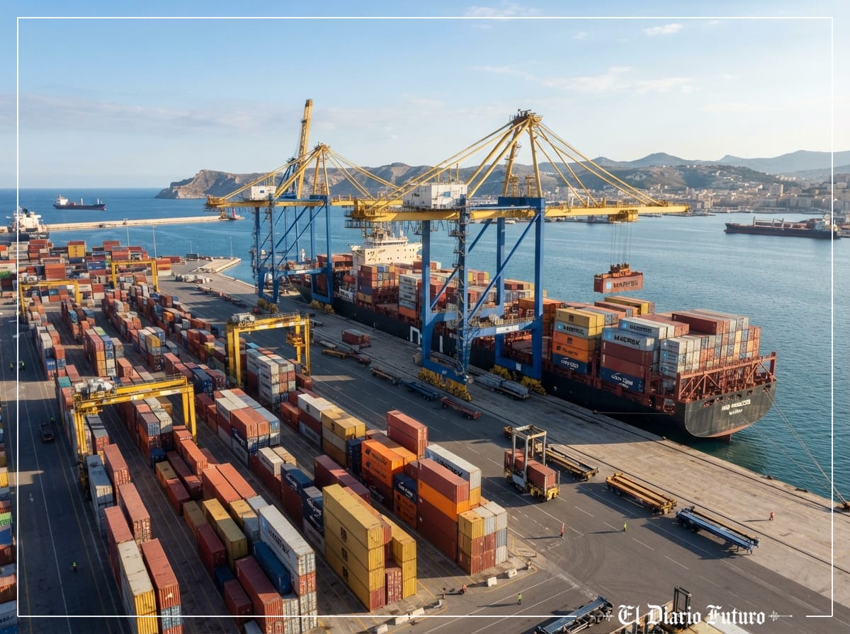 Puerto comercial con contenedores apilados y grúas pórtico bajo un cielo despejado.