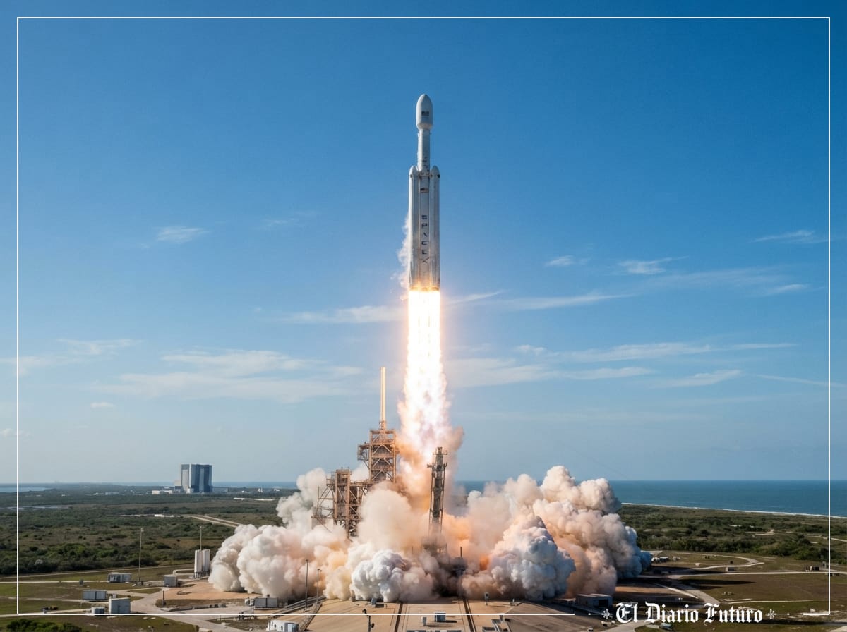 Un cohete Falcon 9 despega dejando una estela de fuego al anochecer.