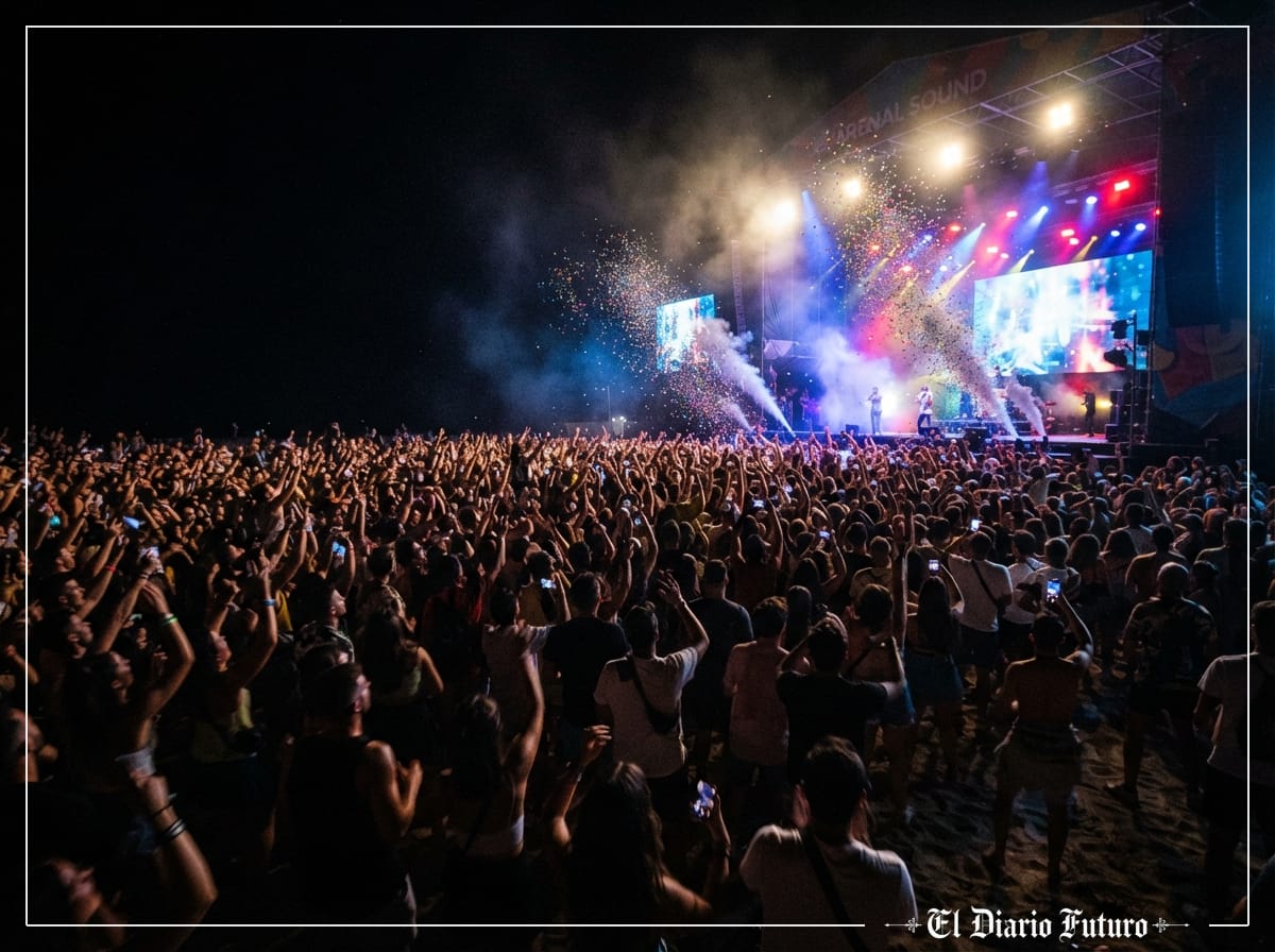Multitud con las manos en alto frente a un escenario iluminado en un festival nocturno junto al mar.