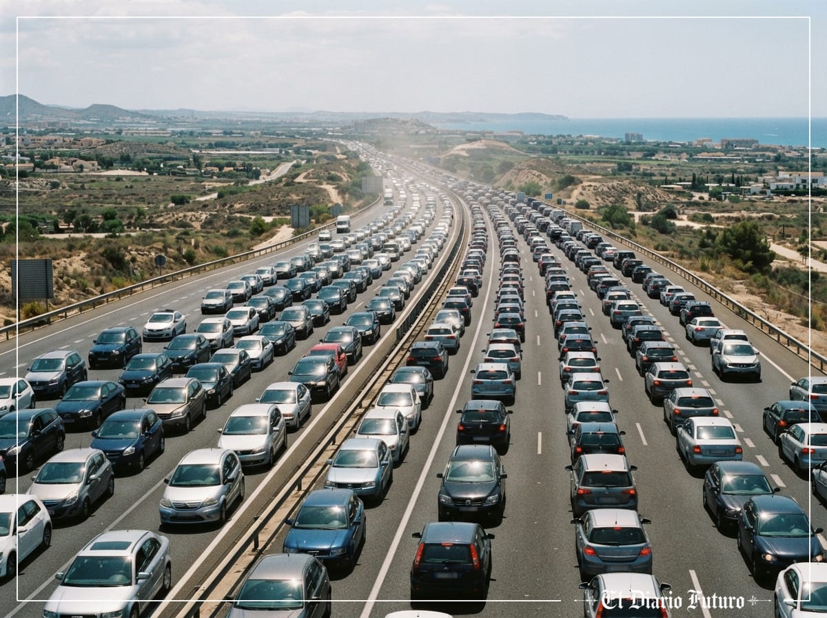 Vista aérea de una autopista con retención de tráfico en un día soleado de verano.