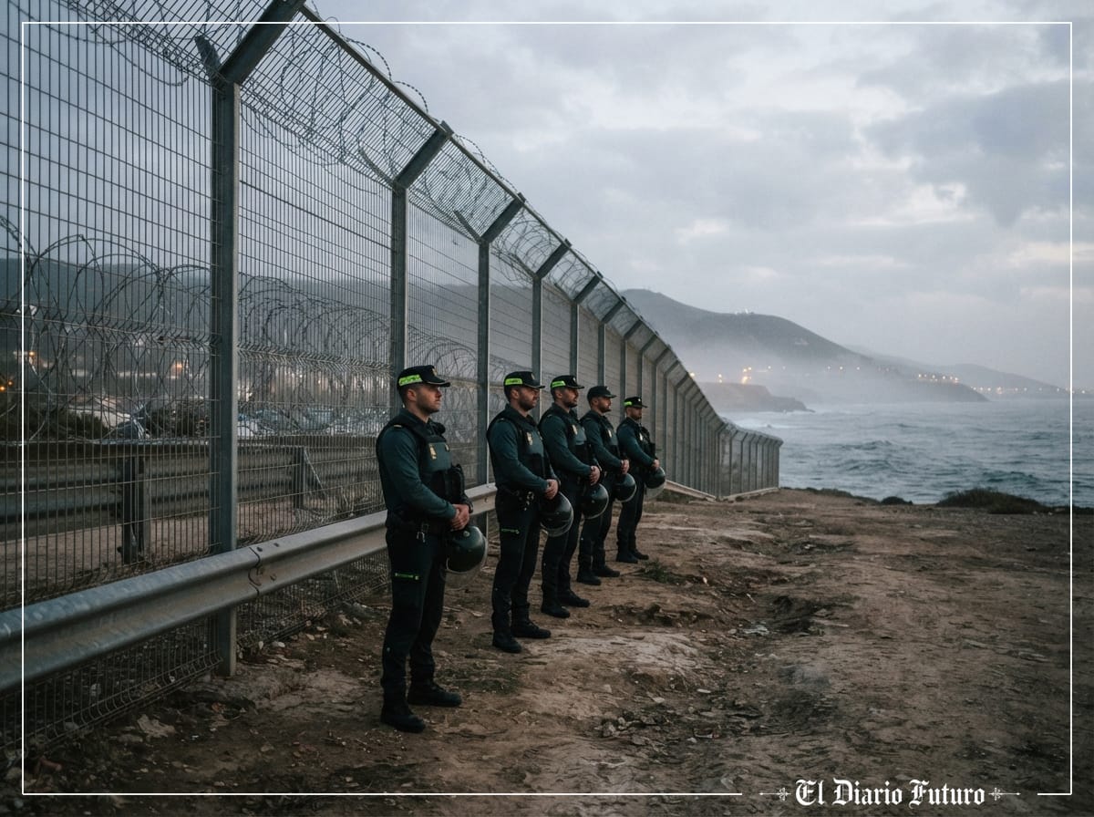 Agentes uniformados junto a un vallado fronterizo al amanecer frente al mar.
