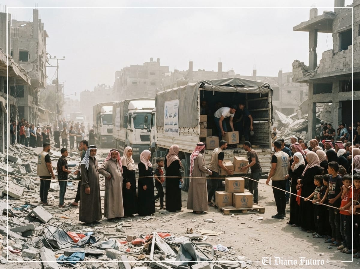 Civiles palestinos reunidos junto a camiones de ayuda humanitaria en una calle dañada de Gaza.
