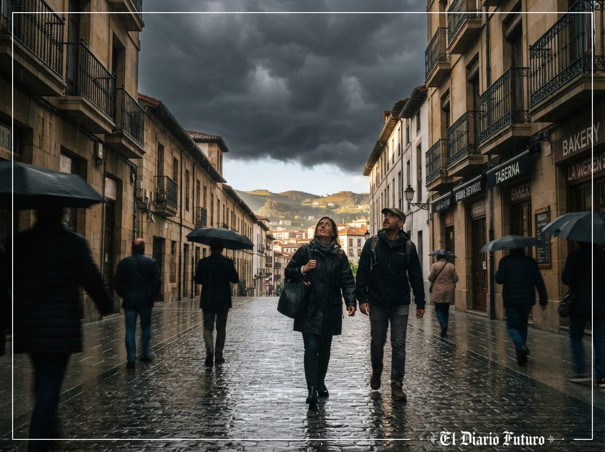 Cielo de tormenta con nubes oscuras cargándose sobre una ciudad del norte de España.