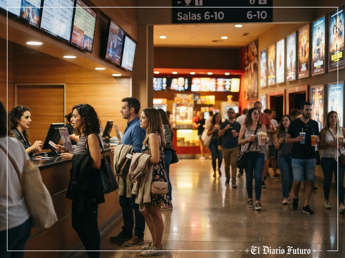 Espectadores hacen cola en la taquilla de un cine en una noche de verano.
