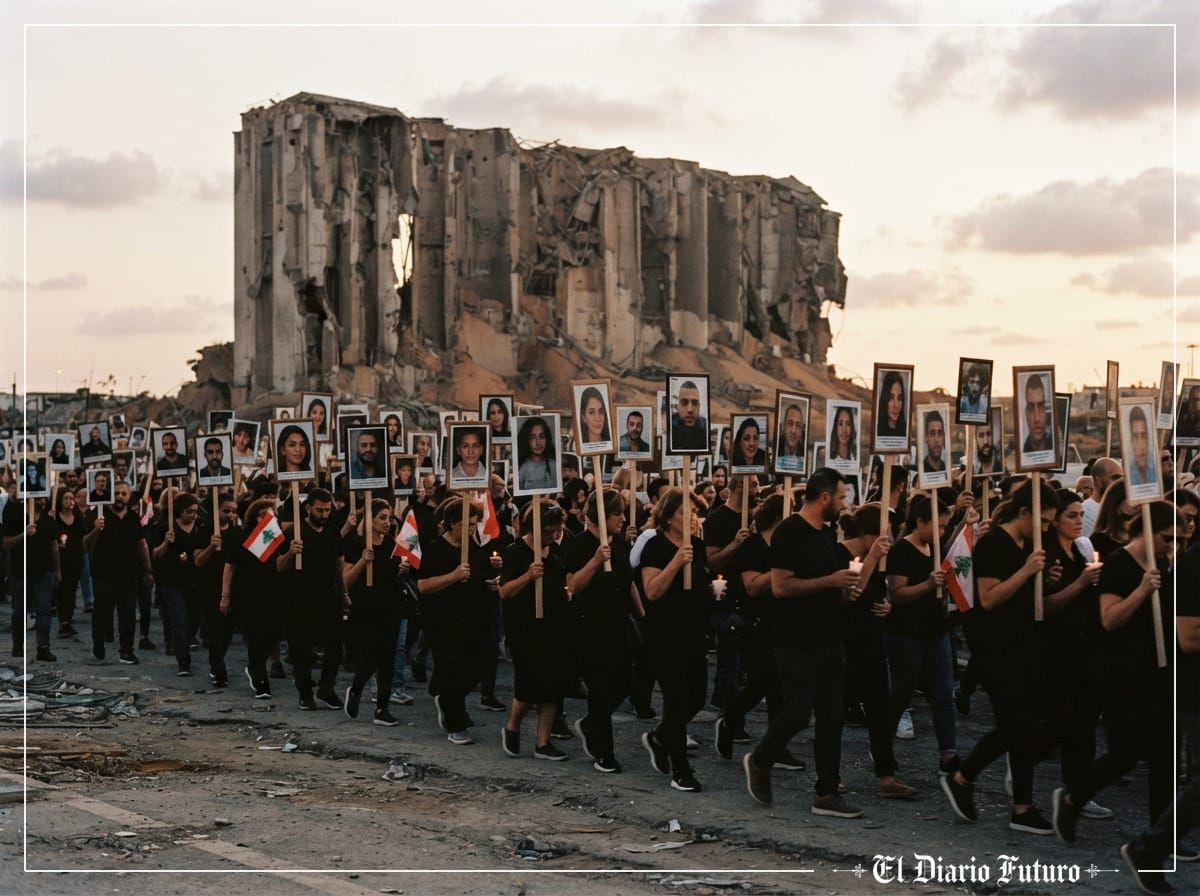 Multitud con fotografías de víctimas concentrada al atardecer frente a los silos de grano destruidos del puerto de Beirut.