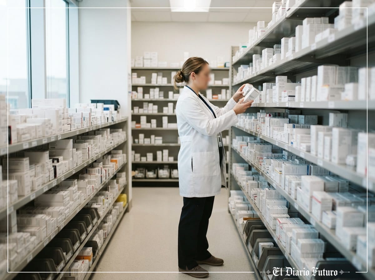 Farmacéutica de bata blanca revisando cajas de medicamentos en la trastienda iluminada de una farmacia.