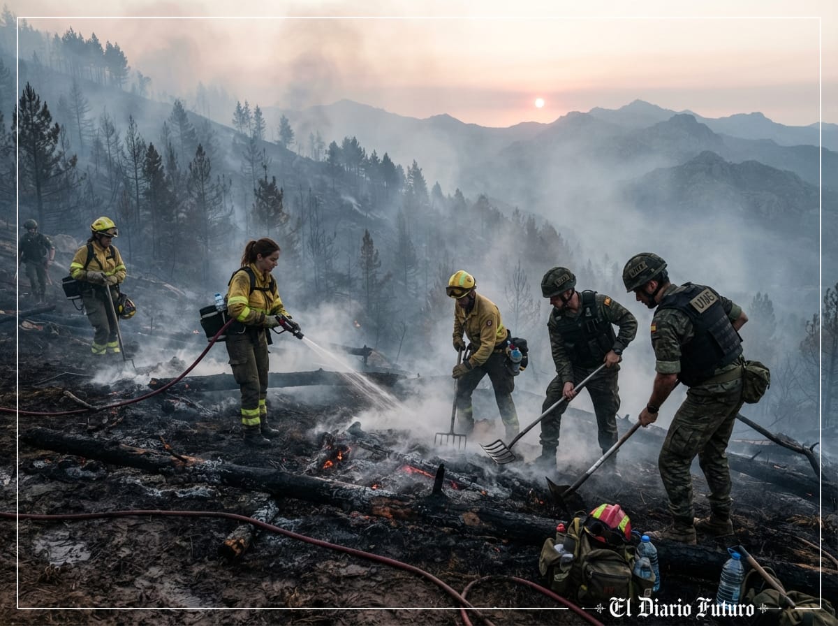 Brigadas forestales trabajando en un incendio al amanecer durante la ola de calor