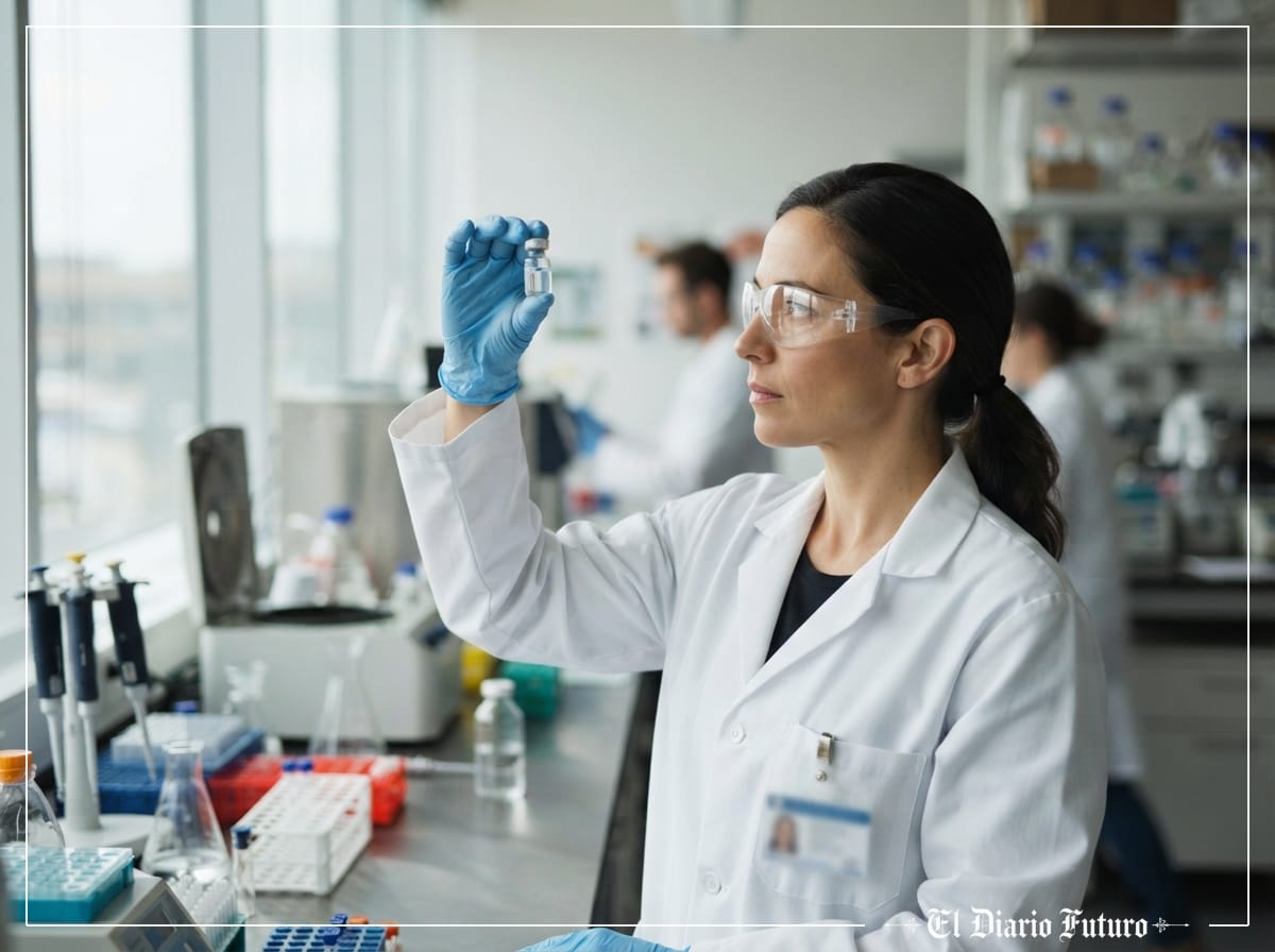 Investigadora sostiene un vial de vacuna en un laboratorio biotecnológico