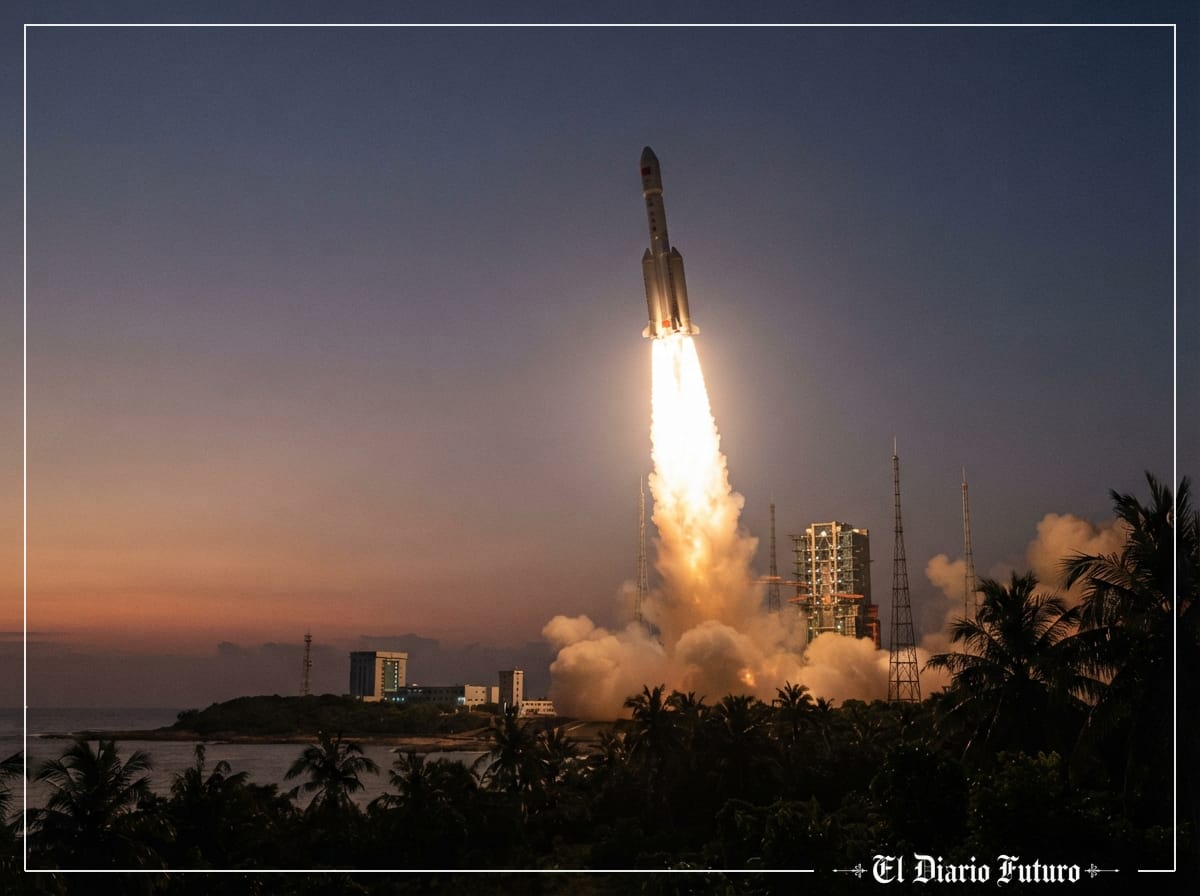 Cohete Larga Marcha 5 asciende dejando una gran columna de fuego en un lanzamiento nocturno desde Wenchang.
