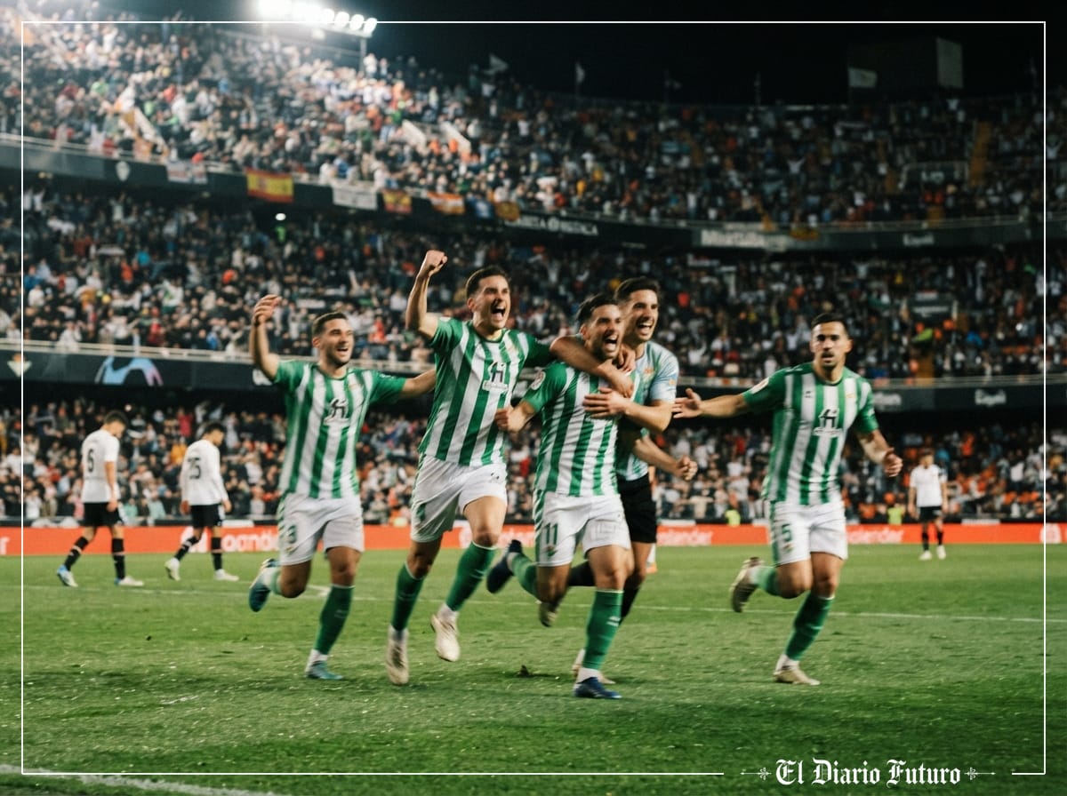 Futbolistas con la camiseta verdiblanca del Betis celebran un gol sobre el cesped de Mestalla en un partido nocturno.