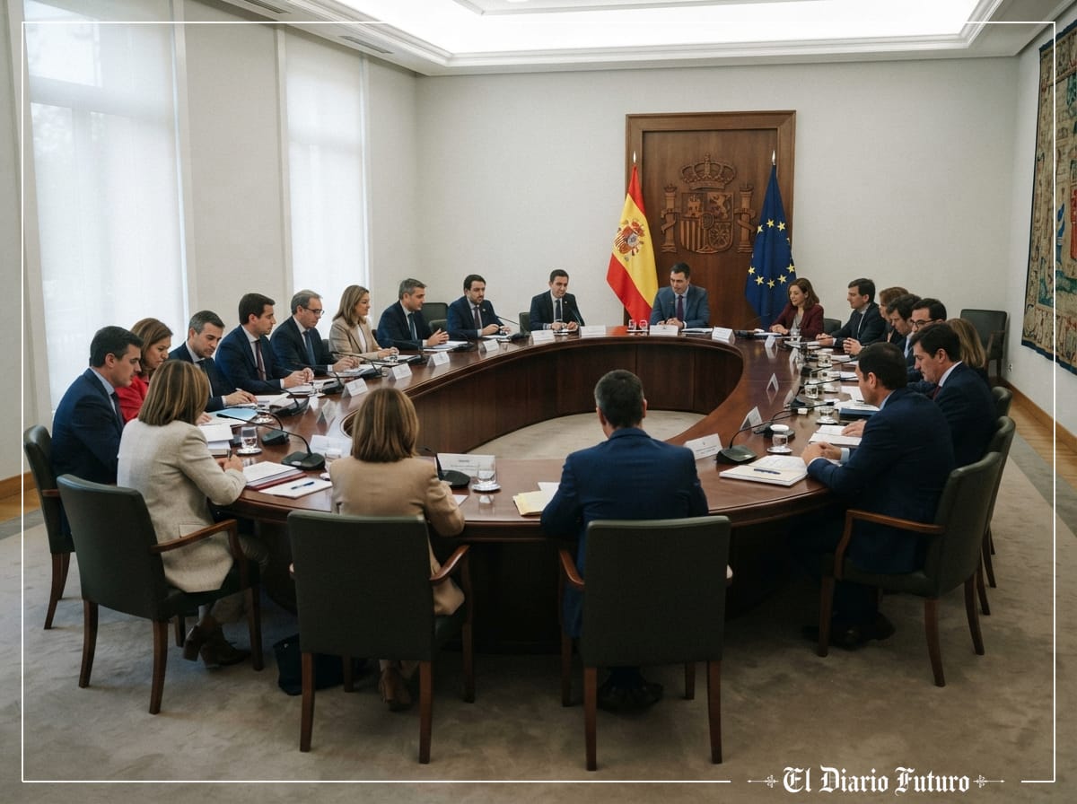 Ministros reunidos alrededor de la mesa oval del Consejo de Ministros en el Palacio de la Moncloa.