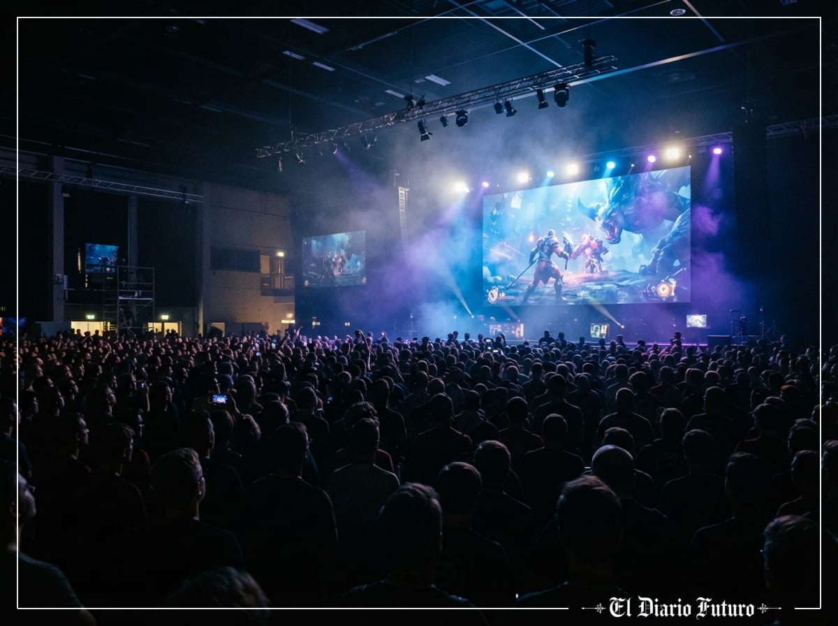 Gran pantalla iluminada y público en silueta durante la gala Opening Night Live de la gamescom en Colonia.