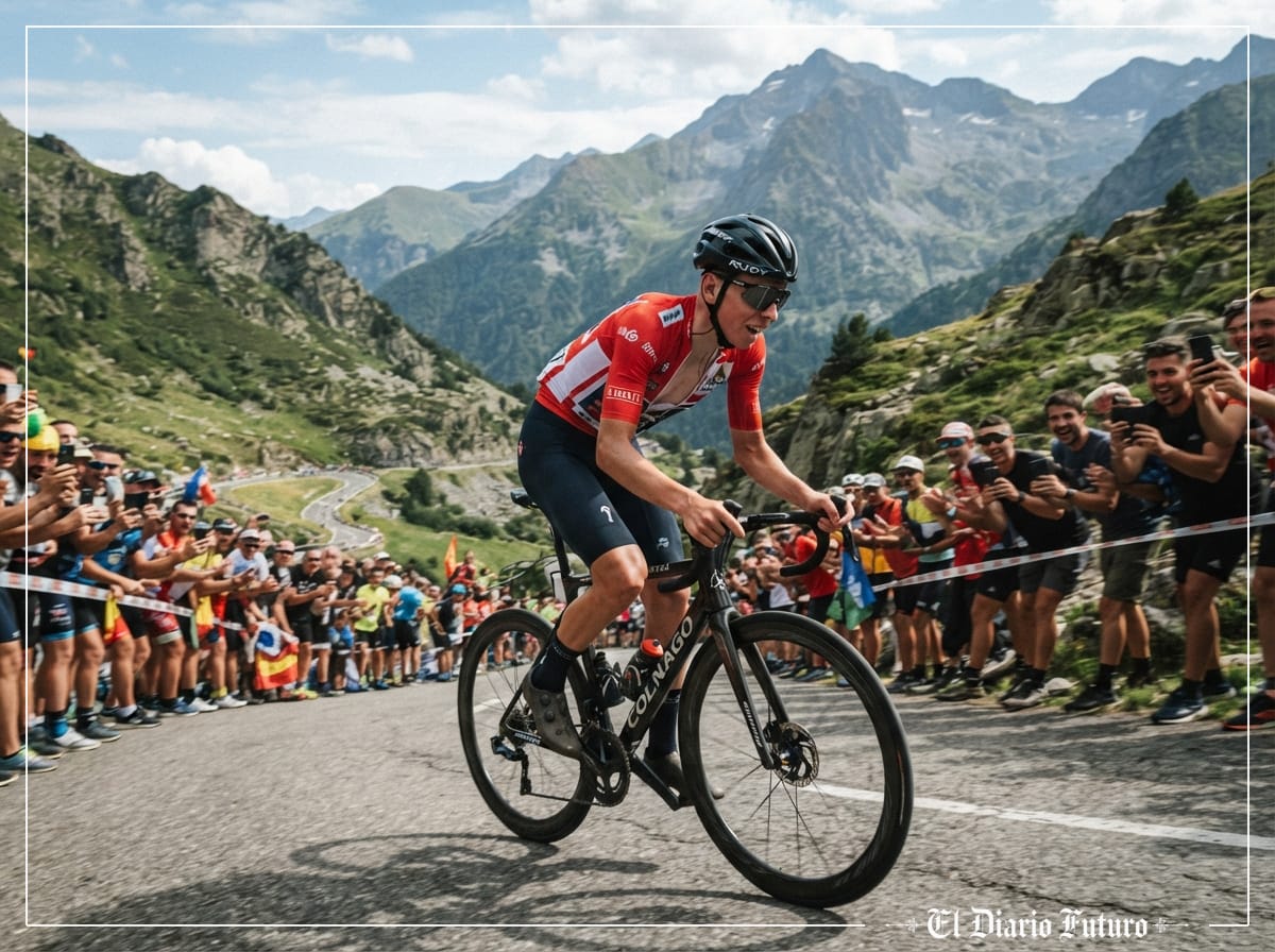 Ciclista con maillot de líder rojo asciende en solitario un puerto de montaña en Andorra rodeado de aficionados.