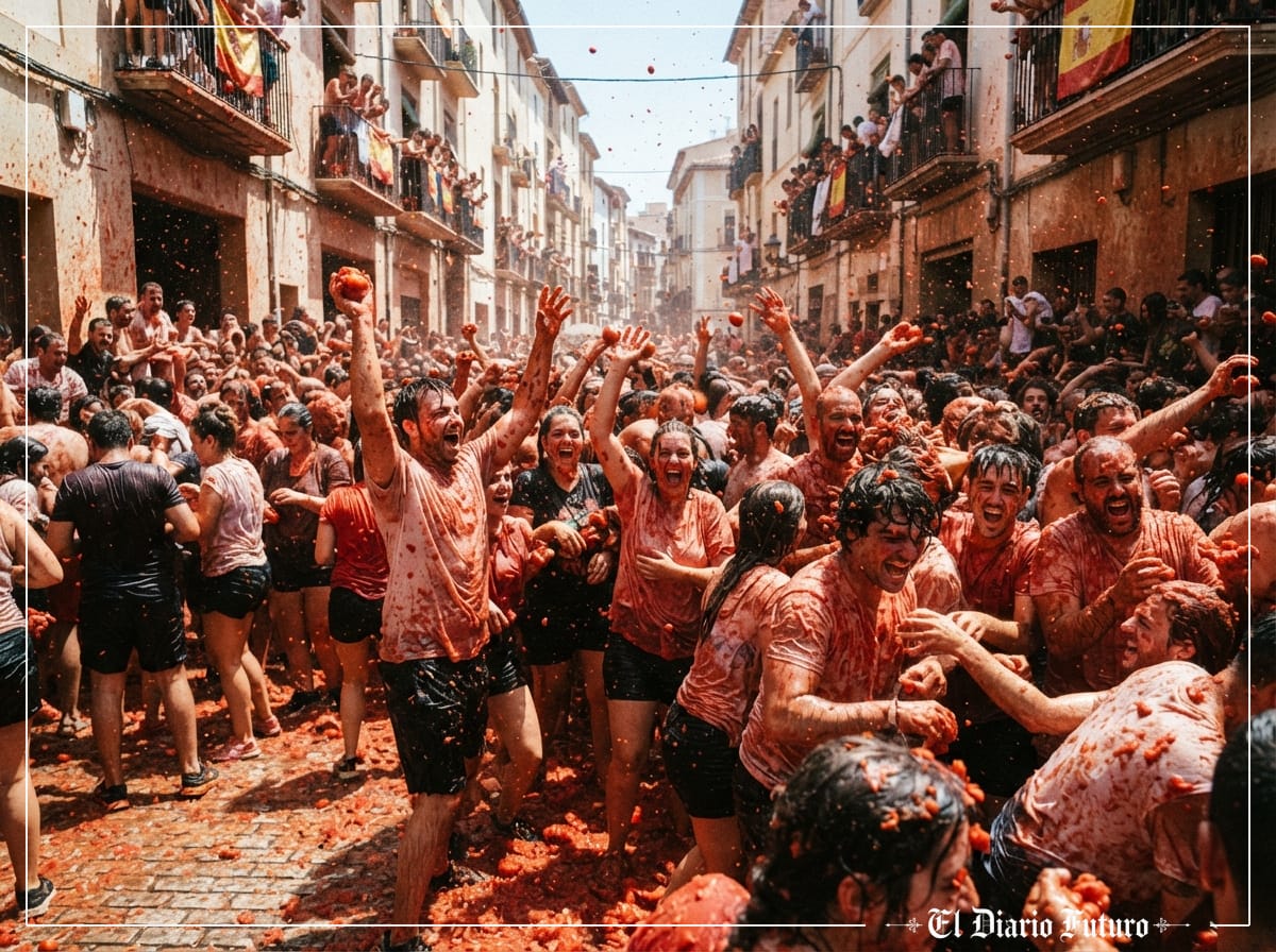 Multitud cubierta de pulpa de tomate en una calle estrecha durante una fiesta.