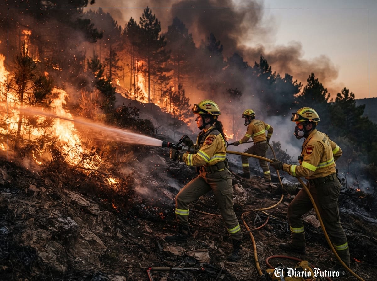Bomberos trabajan de noche frente a las llamas en una ladera con mucho humo.