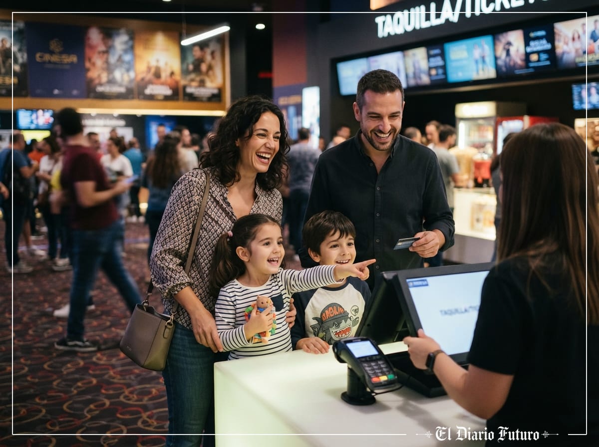 Una familia con dos niños compra entradas en el vestíbulo de un cine.