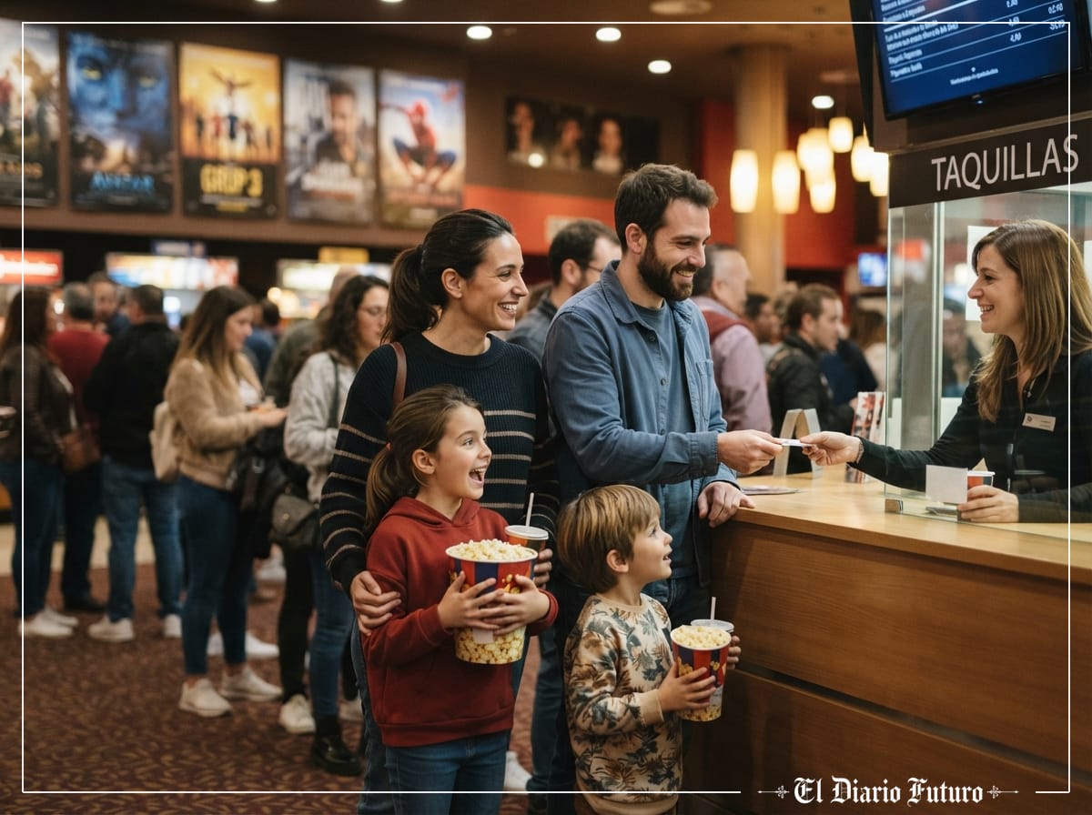 Familias hacen cola en la taquilla de un cine multisalas al atardecer.