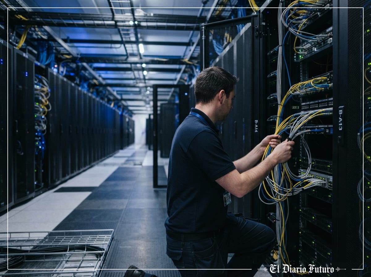 Técnico de un centro de datos revisa filas de servidores de inteligencia artificial.