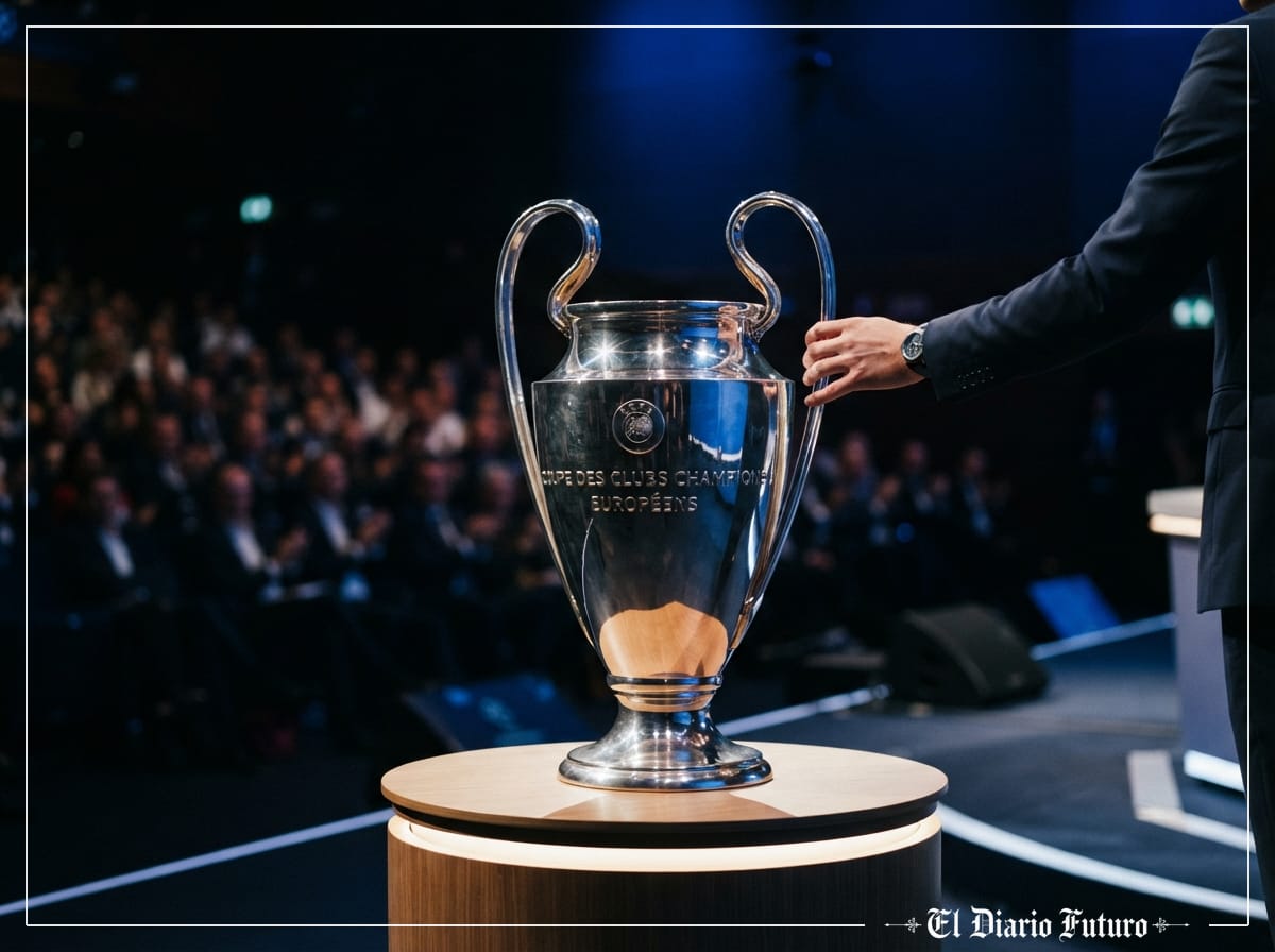 Trofeo de la Champions League sobre un podio iluminado durante la ceremonia del sorteo en Mónaco.