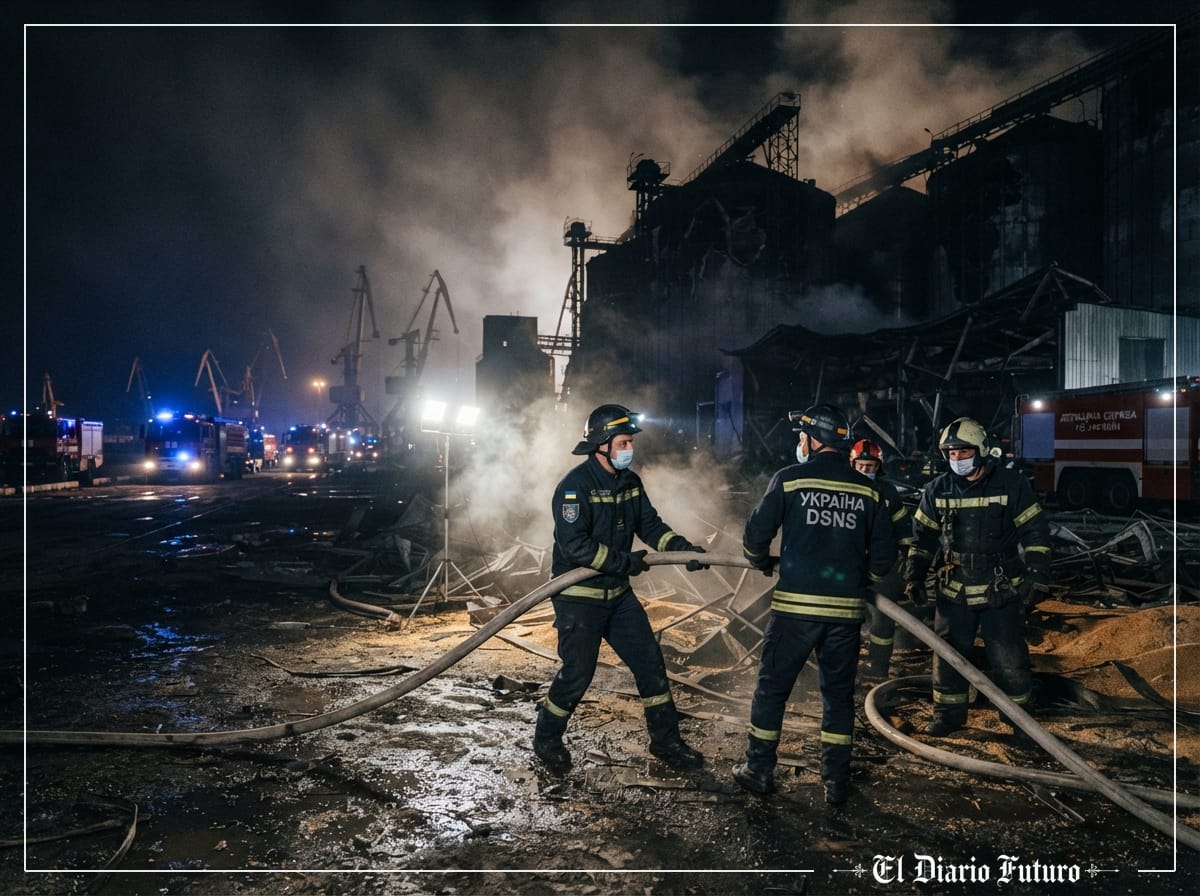 Equipos de emergencia trabajan entre el humo en una terminal portuaria dañada de noche.