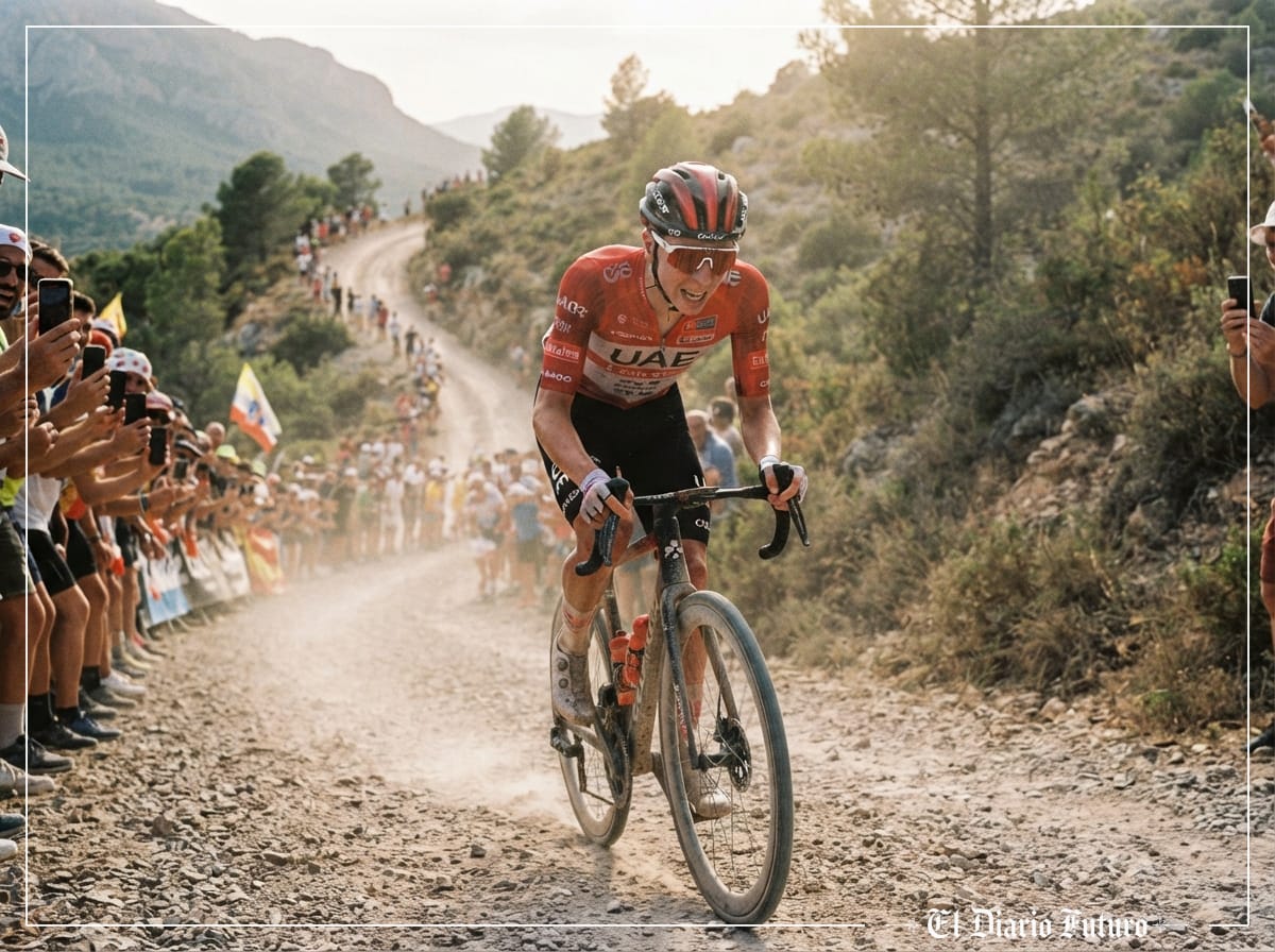 Ciclista con el maillot rojo de líder rueda por un tramo de tierra en la montaña.