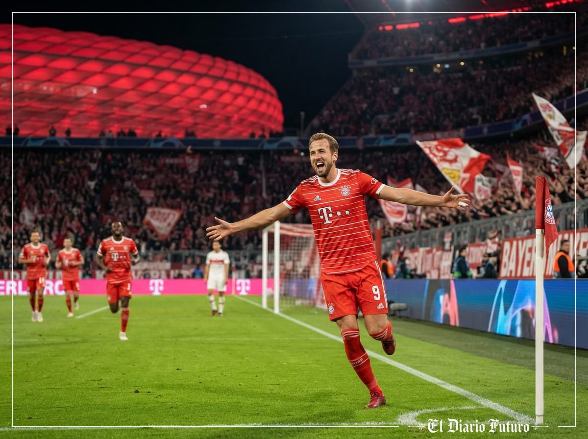Delantero del Bayern celebrando un gol de noche en el Allianz Arena