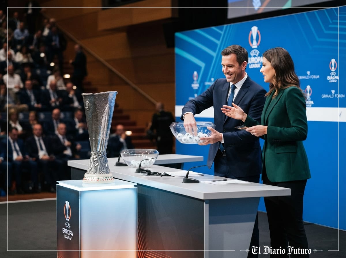 Ceremonia de sorteo europeo con el trofeo sobre un pedestal en un escenario